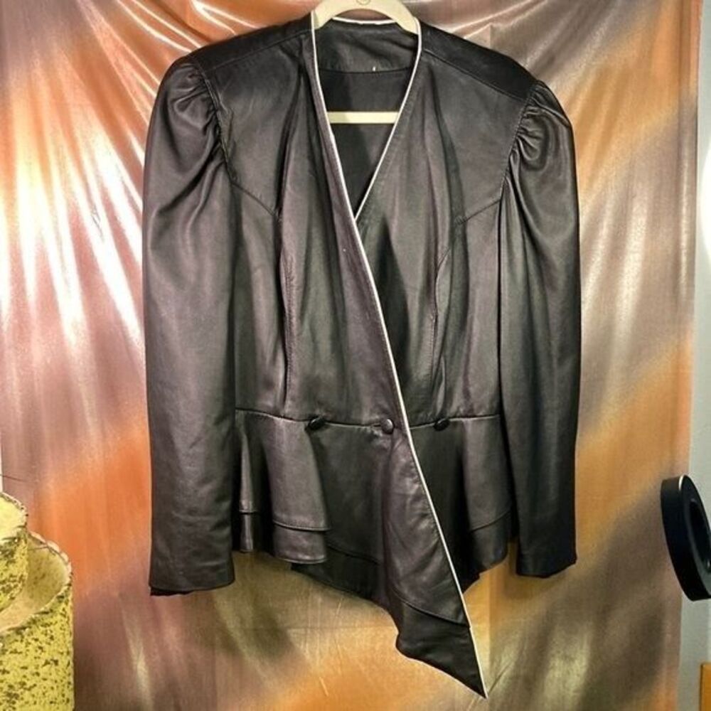 Vintage 1980’s Rasvitar Black Leather Side Zipper Jacket White Piping Size 14